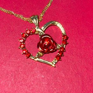 Red Heart Bezel RED Crystal RED Rose 3D Pendant Gold Tone Necklace